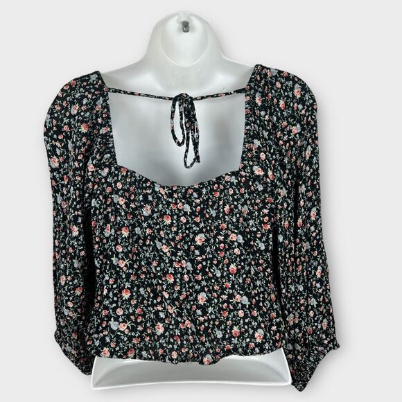 American Eagle Black Pink Floral Ballon Sleeve Tie Open Back Cropped Blouse XS - Picture 3 of 8